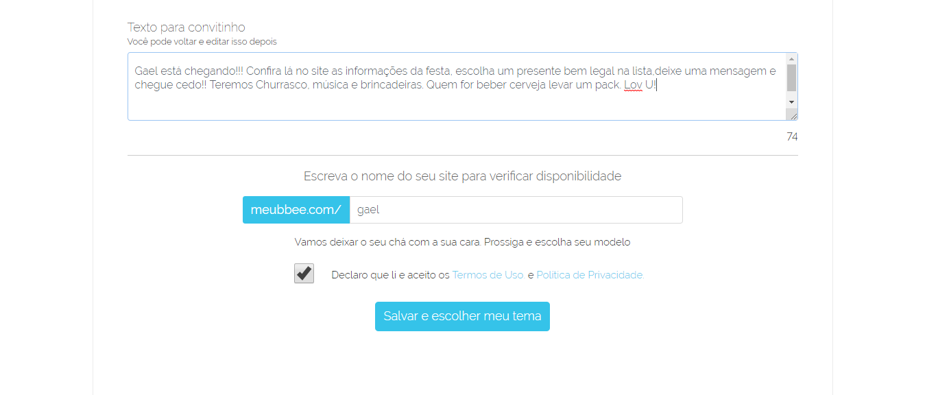 Endereço do site de chá de bebê no Meubbee